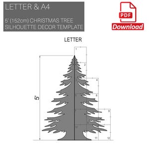 Peut inclure: Un dessin au trait noir et blanc d'un modèle de décoration de silhouette d'arbre de Noël de 1,52 mètre (5 pieds). Le modèle est intitulé "LETTER" et comprend des mesures en pouces.