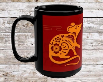 Tazza con il topo dello zodiaco cinese • Tazza da caffè nera da 440 ml con tema astrologico • Regalo per il Capodanno lunare