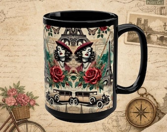 Mug noire 15 oz Parisian Chic Thème roses