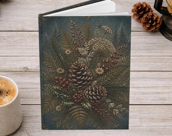 May include: A hardcover journal featuring a dark teal cover with a detailed botanical illustration of pinecones, fern fronds, holly leaves, and red berries. The book is partially open, revealing white pages, and has a black spine.