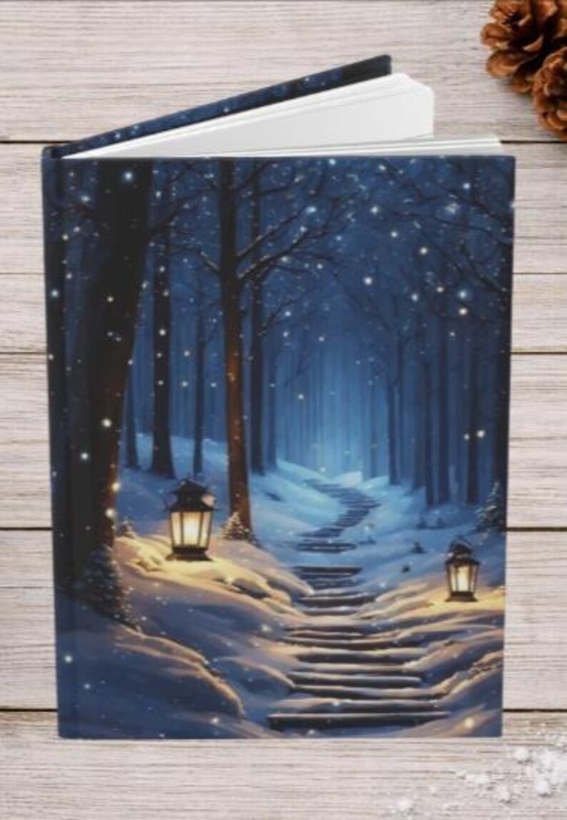May include: A hardcover book featuring a dark blue winter forest scene on the cover, depicting a snow-covered stone staircase winding through trees, illuminated by two glowing lanterns, with white snow falling against the deep blue night sky.
