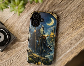 May include: A smartphone case featuring a graphic illustration of a bearded wizard in a dark blue hooded robe holding an open book and a staff. The scene includes a crescent moon, a starry night sky, and a stone castle on a cliffside.