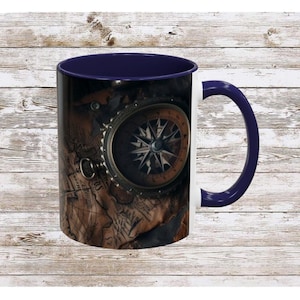 Compasses and Map Themed Coffee Mug, Traveler Gift, Adventure Mug, Wanderlust Mug, Explorer Cup, Camping Mug, Unique Map Mug