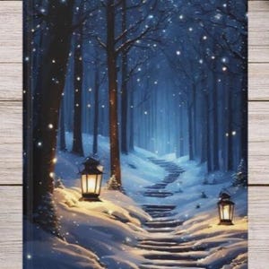 May include: A rectangular notebook cover featuring a snowy forest scene at night with a winding stone staircase leading into the dark trees. Two glowing lanterns illuminate the snow-covered path, while soft white light specks fall throughout.