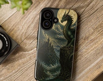 May include: A black smartphone case featuring a detailed illustration of a green dragon perched on a rocky cliff overlooking a dark castle, a forest, and a large full moon in a cloudy night sky, with a dual camera cutout at the top.