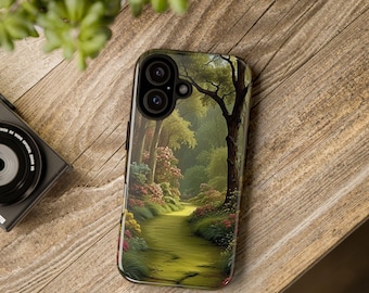 May include: A rectangular smartphone case featuring a printed illustration of a winding path through a lush forest with tall trees, vibrant green foliage, and colorful flowers in shades of pink and yellow, with a dual camera cutout at the top.