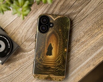 May include: A smartphone case featuring a printed illustration of a cloaked figure standing before a glowing, arched golden doorway at the top of stone steps, surrounded by dark, textured forest elements and intricate carvings.