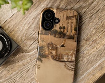 May include: A smartphone case featuring a printed image of a champagne bottle in a silver bucket, two glasses, and a lit candle on a table set before a large stone building with arched windows and manicured topiary trees.