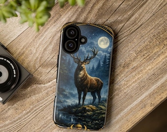 May include: A black smartphone case featuring a detailed illustration of a majestic stag standing in a dark forest at night under a full moon. The design includes deep blue and brown tones, capturing the animal in a serene, natural setting.