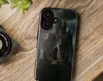 May include: A black smartphone case featuring a dark, atmospheric illustration of a cloaked figure walking along a stone bridge toward a towering, gothic-style castle under a cloudy, moody sky with visible camera lens cutouts.