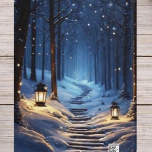 May include: A rectangular notebook cover featuring a winter forest scene at night with a snow-covered stone staircase leading into the trees. Two glowing lanterns illuminate the path, and small white lights are scattered throughout the dark blue forest.