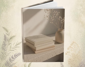 May include: A stack of three square books with solid light beige covers resting on a textured stone surface next to a small ceramic vase containing dried white flowers. The scene is illuminated by soft natural light casting shadows.