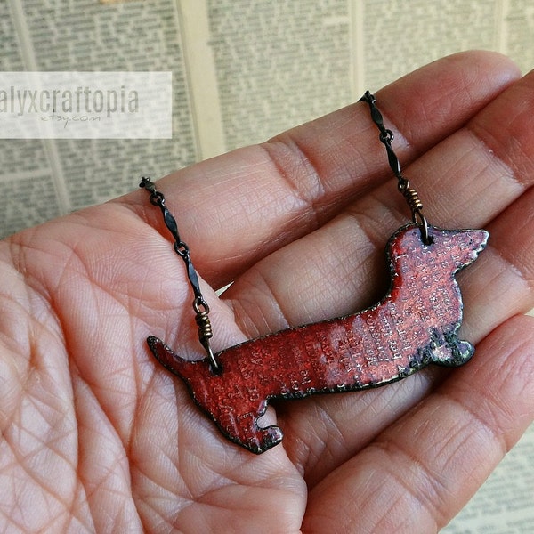 Red Etched & Enameled Dachshund Necklace - Oxidized Sterling Silver Chain