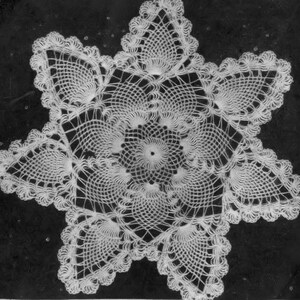 May include: A white crocheted doily with a star shape and intricate details.