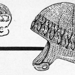 May include: A black and white line drawing of a knitted hat with a flap that covers the ears. The hat has a button on the flap.