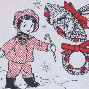 Może przedstawiać: Czarno-biała ilustracja dziecka w czerwono-białej kratkowanej kurtce i czapce, trzymającego laskę cukrową. Dziecko stoi w śniegu. Są dwa wieńce z czerwonymi kokardkami i czerwonymi jagodami oraz płatki śniegu w tle.