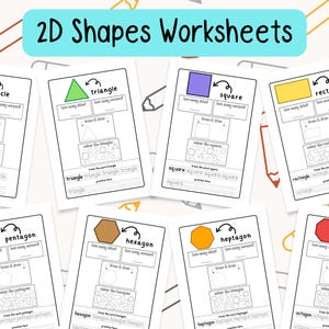 May include: A set of educational worksheets for learning 2D shapes: circle, triangle, square, rectangle, pentagon, hexagon, heptagon, and octagon. Each sheet includes activities for shape recognition, drawing, and tracing. The title "2D Shapes Worksheets" is visible.