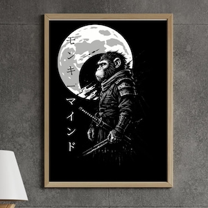 Samurai Monkey Wall Art Digital Download | Japanese Ronin Poster Black White | Minimalist Dark Art Print