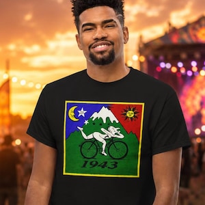 Camiseta unisex LSD Bicycle Day 1943 Albert Hofmann Graphic Tee, diseño retro psicodélico, atuendo para festivales rave, ropa urbana psicodélica