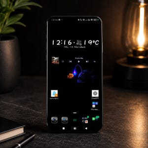 Könnte beinhalten: Ein Smartphone mit schwarzem Bildschirm, das einen benutzerdefinierten Startbildschirm anzeigt. Der Bildschirm zeigt die Uhrzeit, das Datum und die Temperatur in weißem Text an. Ein Musik-Player ist sichtbar, zusammen mit App-Symbolen für ChatGPT und andere Apps. Das Telefon liegt auf einer dunklen Oberfläche.