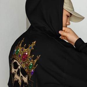 Sweat à Capuche Crâne Couronné Gothique, Hoodie Tête de Mort Royale, Streetwear Dark Fantasy, Mode Metal Punk, Impression Dos Unisexe