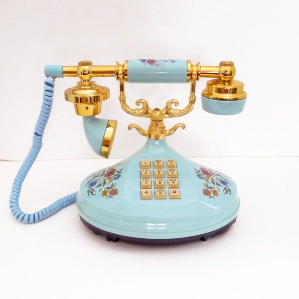 Vintage Empress Mint / Light Teal Florals Printed Princess Phone