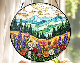 Mountain Wildflower Suncatcher Stained Glass Hanging Window Decor, Nature Art, Gift for Mom Birthday, Flower Suncatcher Gift