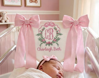 Benutzerdefinierte Baby Banner, Schleifen Baby Banner, Willkommensbanner mit Blumenkamm, Krankenhaus Türschild, Babypartygeschenk, Neugeborenen Geschenk,Babymitteilung