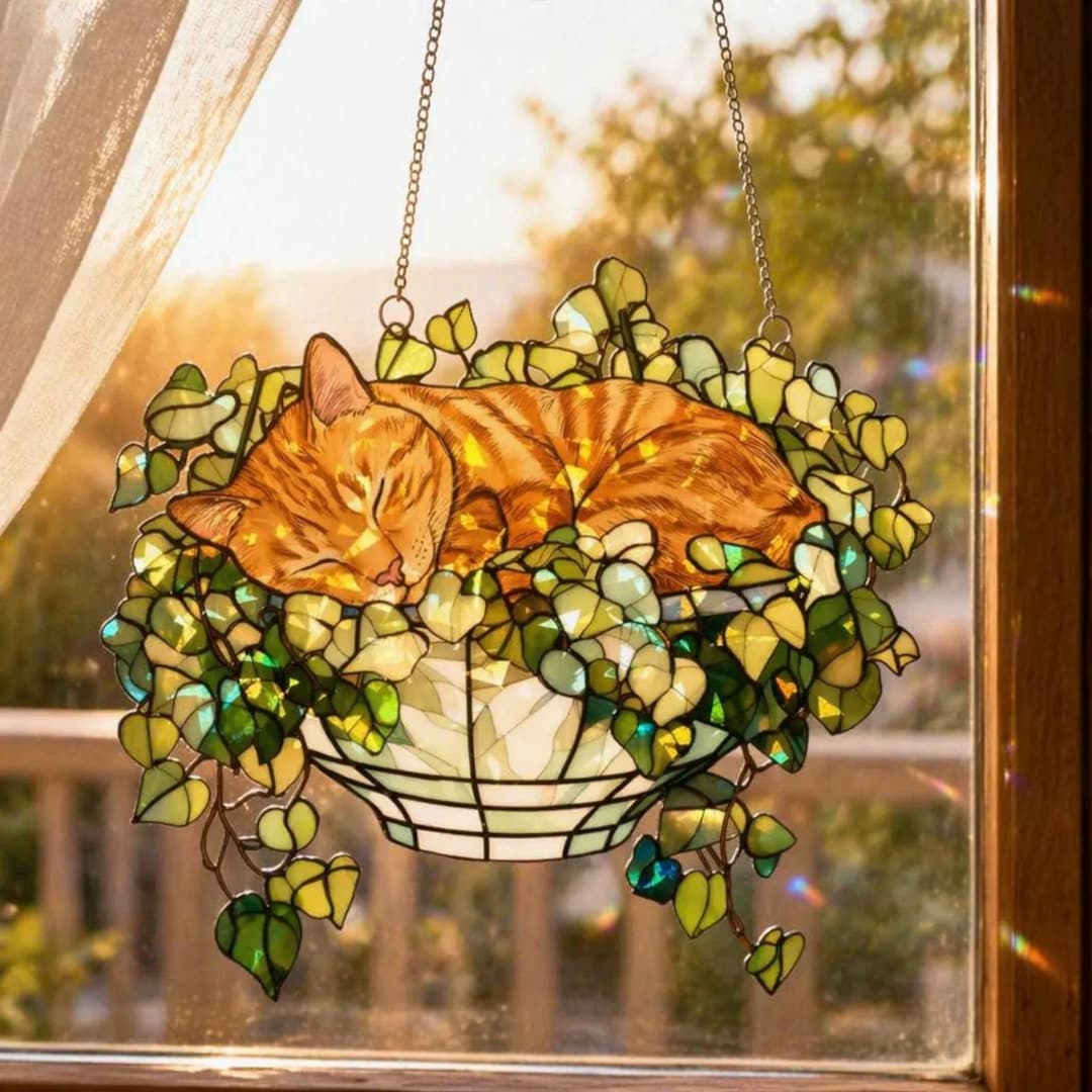 Cat Monstera Suncatcher, Fade Resistant Acrylic Window Hanging Decor ...