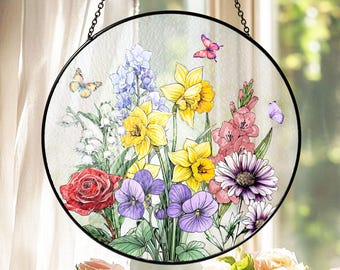 Custom Family Birth Flowers Stained Glass Suncatcher - Personalized Mom's Garden Gift