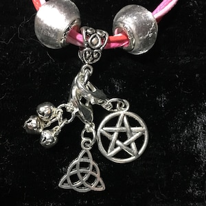 Tibetan Silver Charms (Pentacle, Celtic Knot, Bells) on 16&quot; Colorful Twisted Waxed Cotton Cords - Witchcraft, Wicca, Pagan, Santeria, Occult