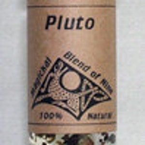 May include: A small glass bottle with a black lid filled with a blend of herbs and spices. The label reads "Pluto" and "Blend of Nine" with a graphic of a mythical creature. The label also states "100% Natural."