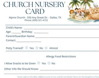 Plantilla de tarjeta para guardería de iglesia: Hoja de registro editable (Canva, descarga digital)