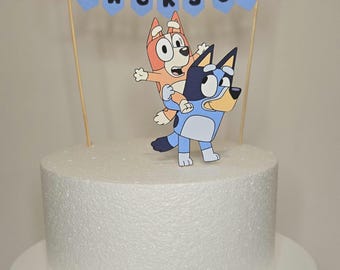 Adorno para tarta Bluey personalizado/Decoración de cumpleaños con nombre personalizado, decoración para fiesta en cartulina con purpurina