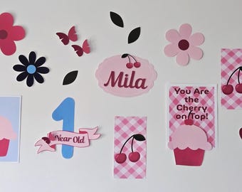 Decoración de pared personalizada de cerezas para primer cumpleaños, fondo de fiesta rosa