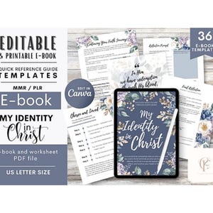 Peut inclure: Un ensemble de livre électronique et de feuilles de calcul intitulé "My Identity in Christ" avec 36 modèles. Le design comprend des accents floraux et le texte "Edit in Canva". Le fichier PDF au format US Letter est affiché avec une tablette et un stylet.