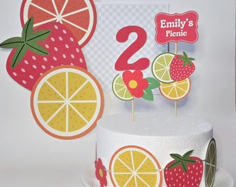 Adorno personalizado para tarta de cumpleaños con temática de picnic de frutas/decoración personalizada con nombre y edad