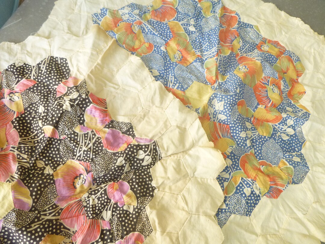 Vintage Fabric Patchwork Hexagon Pieces Lot of 2 Different Quilted ...