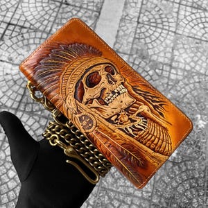 Cartera larga de piel con calavera tallada a mano de Indiana con cadena, cartera larga de piel italiana curtida con vegetales para hombres y mujeres