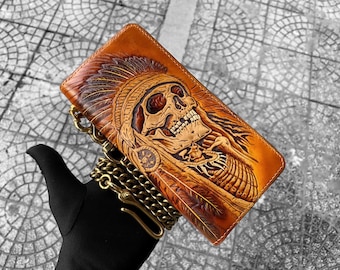 Hand Carved Leather Long Wallet: Indiana Skull, Vegetable Tanned