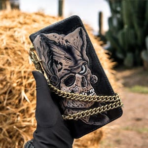 Joker Skull Leather Carving Long Wallet with chain, Hand Carved Long Wallet, Vegetable Tanned Italy Leather Long Wallet for Men and Women