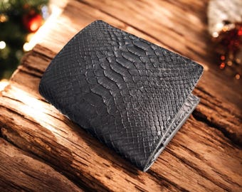 Portefeuille vertical à deux volets en cuir de python noir fait main : portefeuille exotique personnalisé, blocage RFID