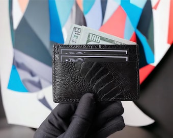 Tarjetero de piel de pata de avestruz negra: Cartera delgada hecha a mano, con bloqueo RFID.