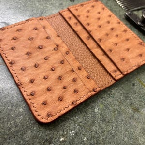 Handmade Ostrich Leather Bifold Card Holder: RFID Blocking, Cowhide Lined Wallet, Minimalist Card Case