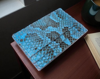 Handgemaakte blauwe pythonleren kaarthouder: dunne portemonnee