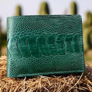 Portefeuille homme vert jambe d'autruche véritable, Portefeuille homme en cuir à deux volets, Portefeuille en cuir véritable pour homme, Portefeuille homme en cuir de luxe