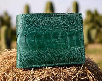 Groene leren portemonnee met struisvogelbeen voor heren, RFID-blokkering