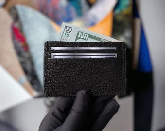 Black Shark Leather Card Holder: Handmade Slim Wallet, RFID Blocking