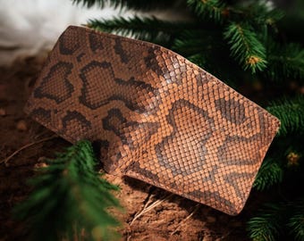 Portefeuille à deux volets fait main en cuir de python marron : portefeuille exotique personnalisé, blocage RFID