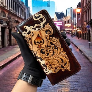 Ace Card Skull Leather Carving Long Wallet with chain, Hand Carved Long Wallet, Vegetable Tanned Italy Leather Long Wallet for Men and Women